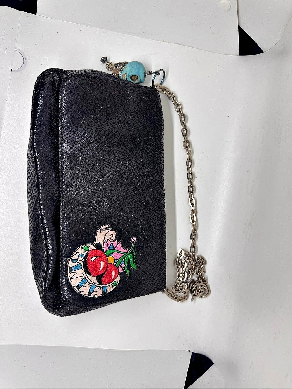 Black Cherry Embroidered Chain Clutch